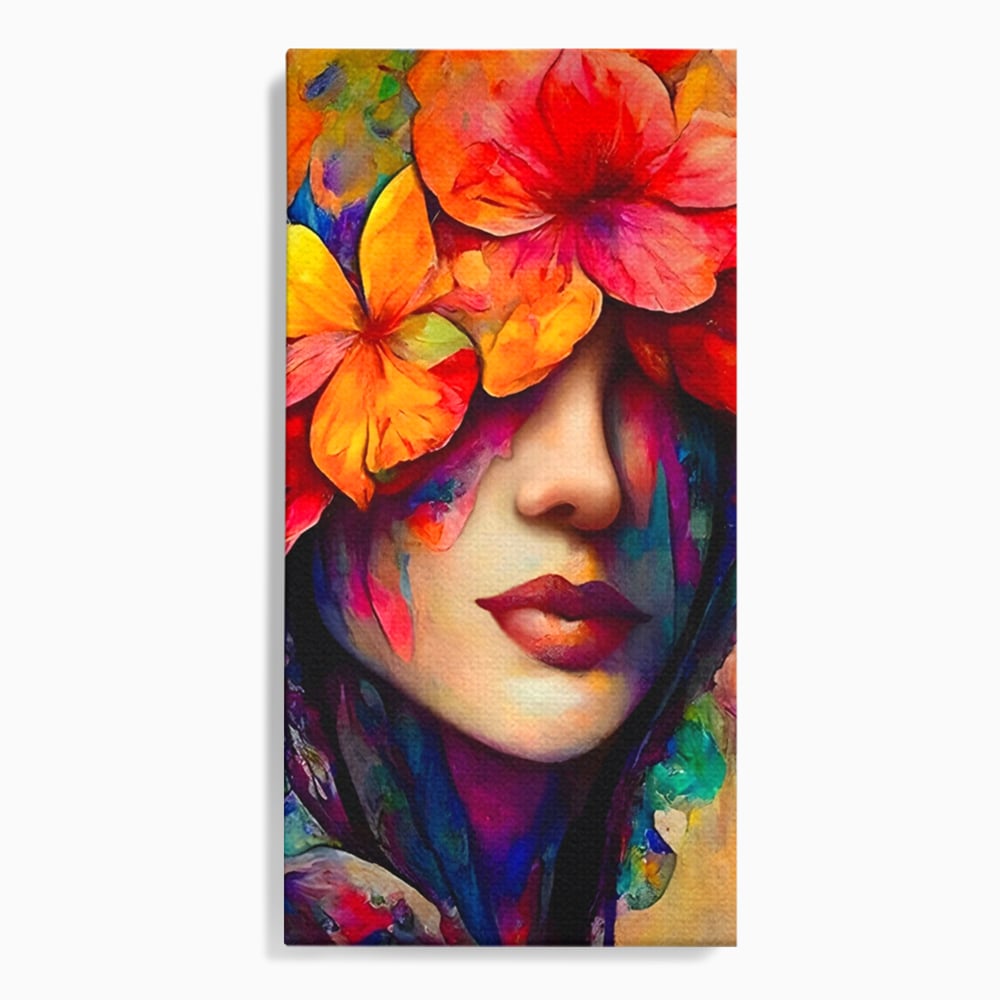 Tablou canvas cu tablou canvas cu portret feminin si flori, fara rama, pe sasiu de lemn